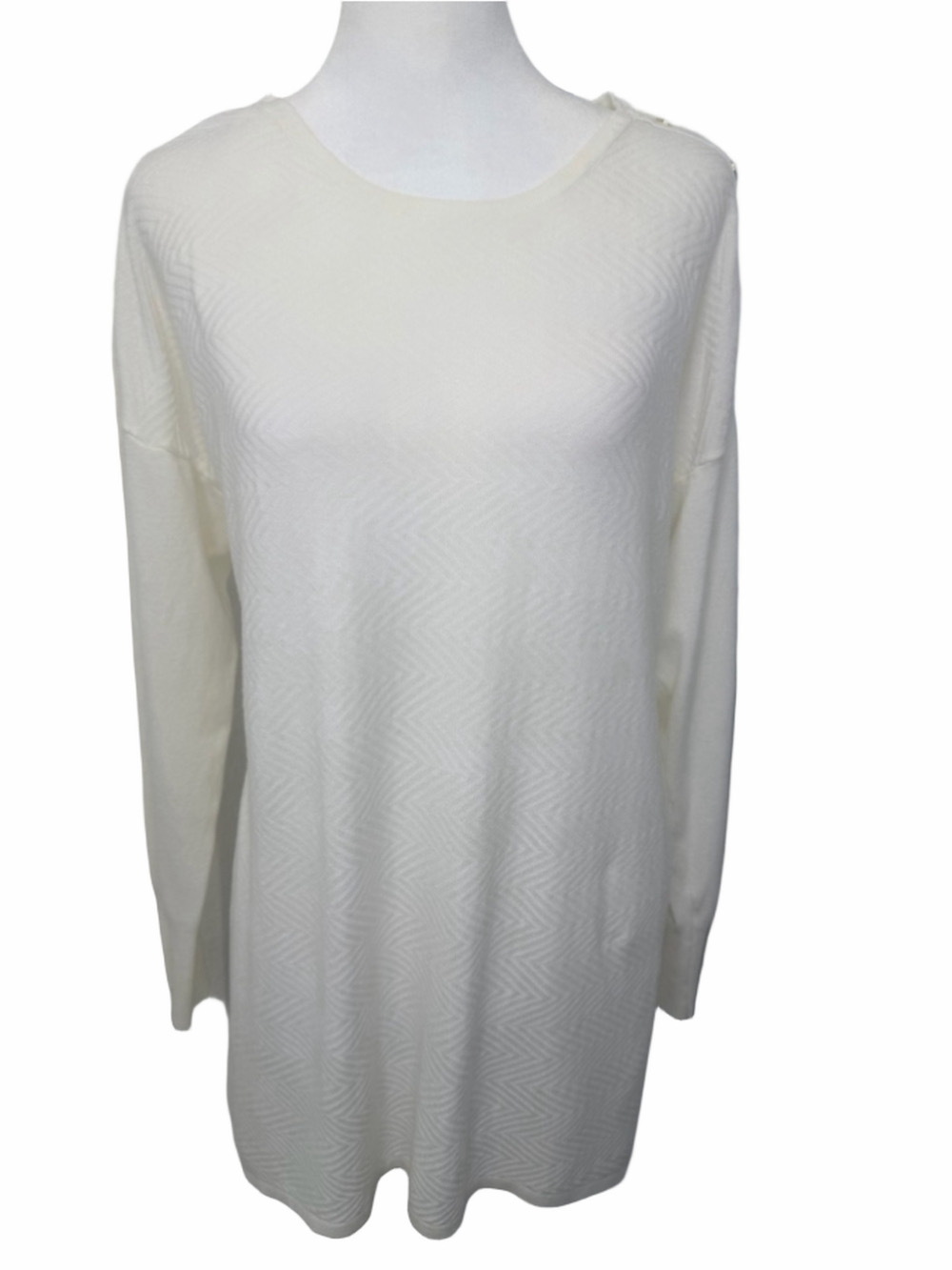 JM Collection Winter White Chevron Knit Tunic Sweater XL Gold Button Shoulder